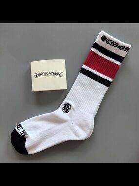 Chrome Hearts White Crew Socks with Red and Black Stripe Accents